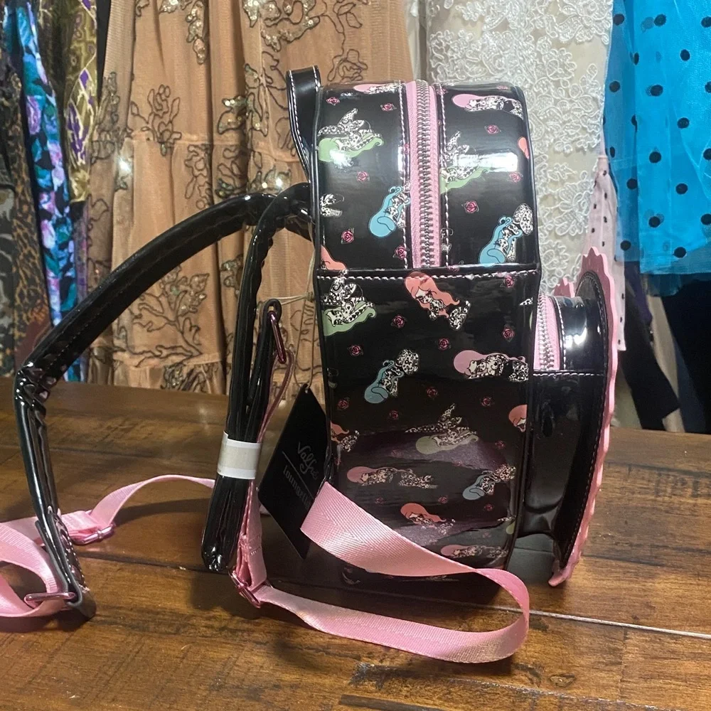 Loungefly Black Heart Backpack w Pink Trim & Multicolor Tattooed Character Print